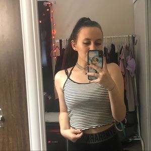 black and white stripped laced up back tank top